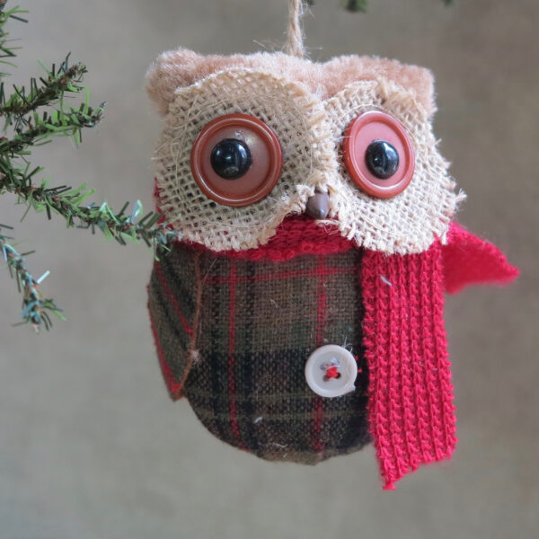 fabric owl ornament with red scarf