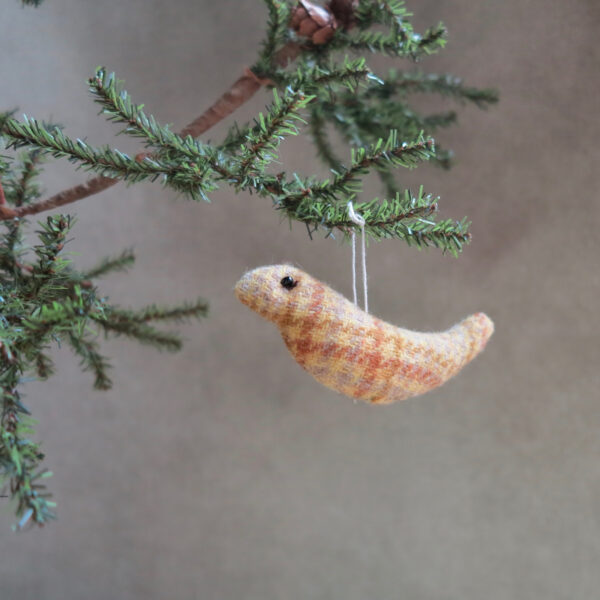 handmade by patrice yellow and red plaid wool bird ornament