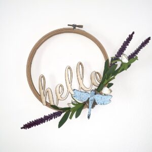 embroidery hoop hello sign with dragonfly and lavender sprigs