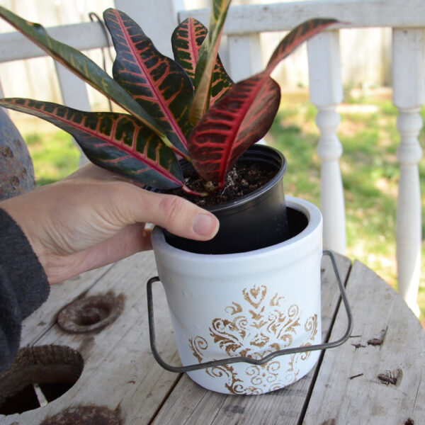 butter crock repurposed into a planter painted white with metallic decorative stencil and original metal handle pictured with person putting potted plant inside