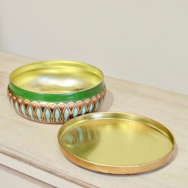 Vintage Multi-Color Tin with Lid Green Pink and Gold Tones with lid removed