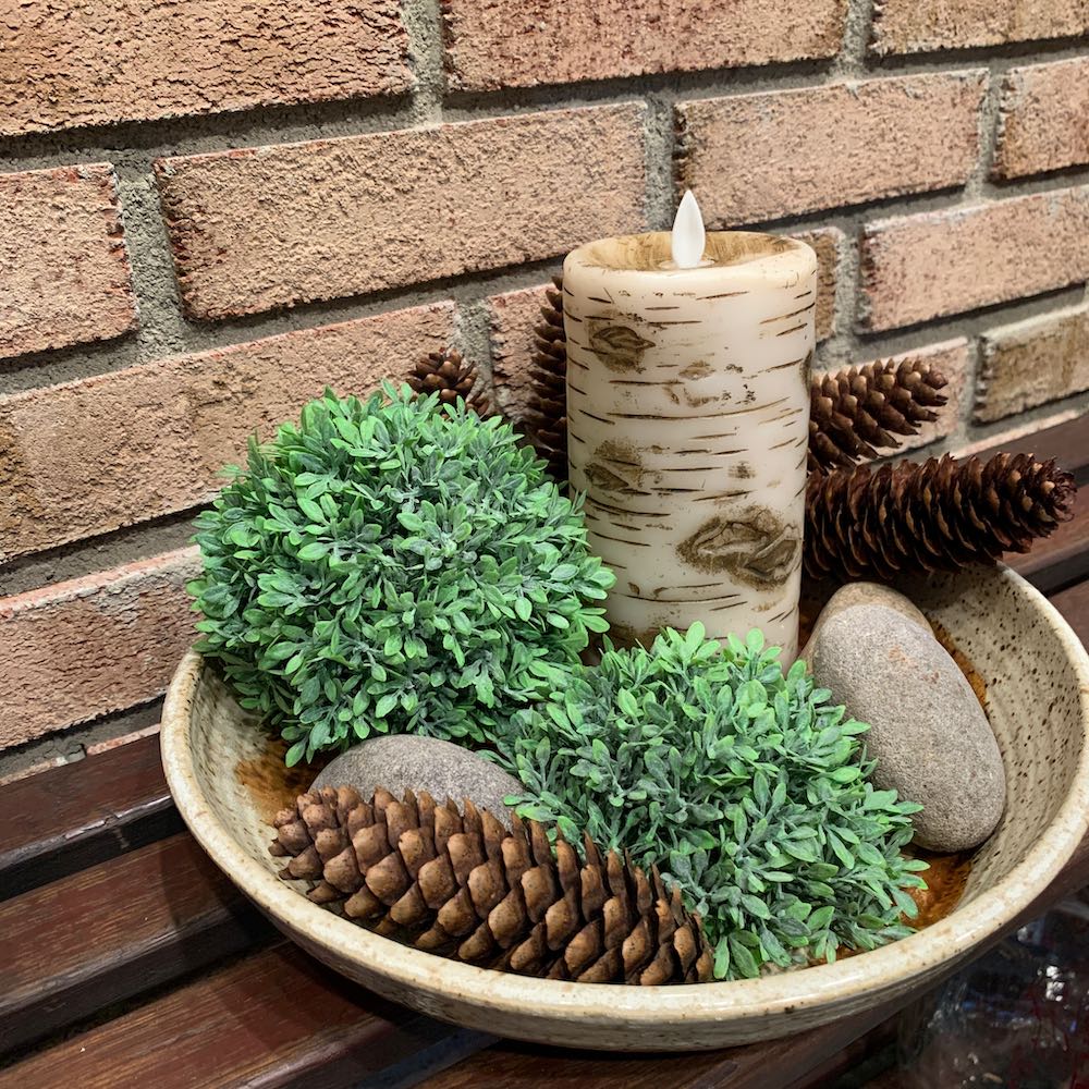 Greenery spheres and birch wood timer cangle