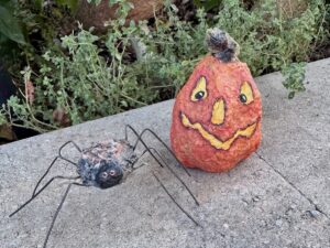 paper mache pumpkin and spider