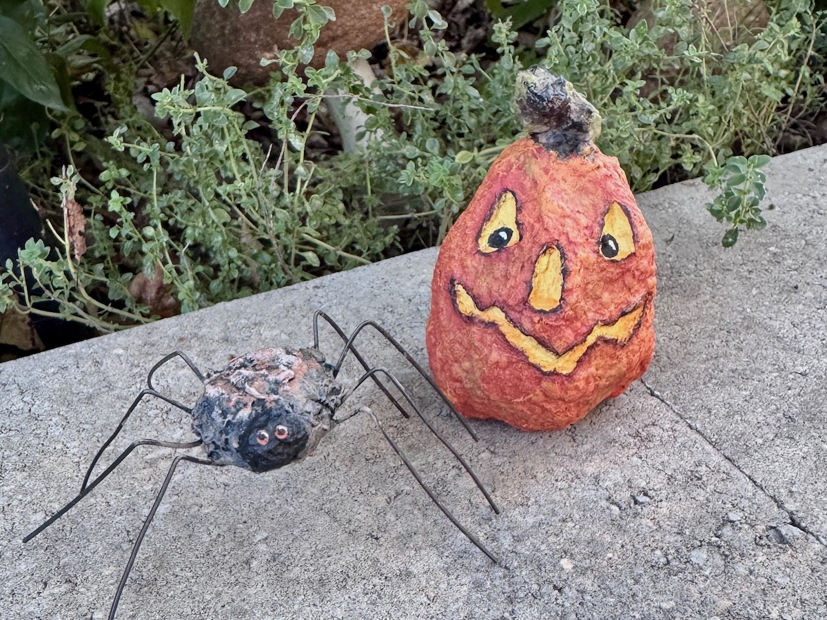 paper mache pumpkin and spider